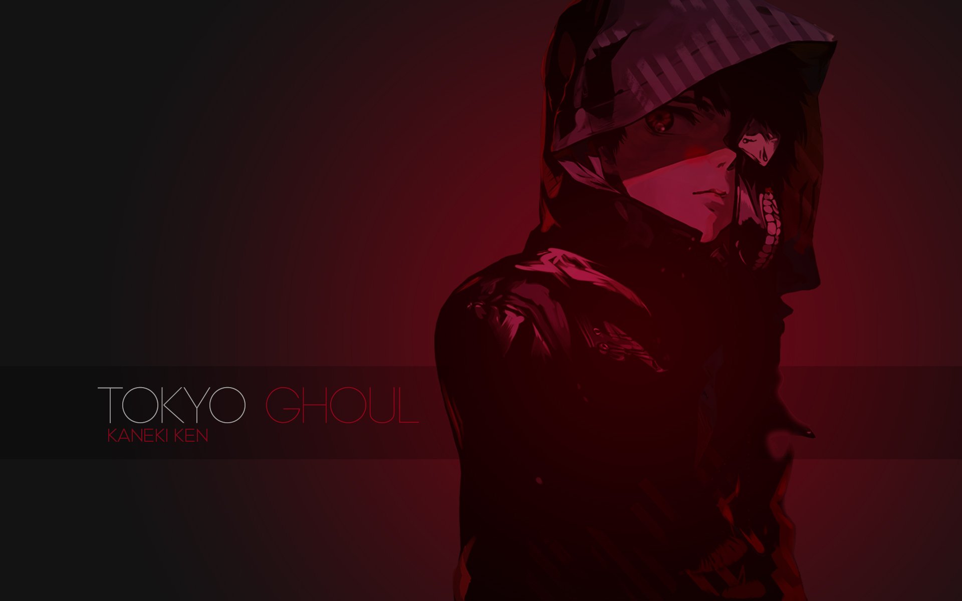 A striking HD wallpaper featuring Ken Kaneki from Tokyo Ghoul, showcasing a dark and intense aesthetic with bold red tones and a mysterious atmosphere.