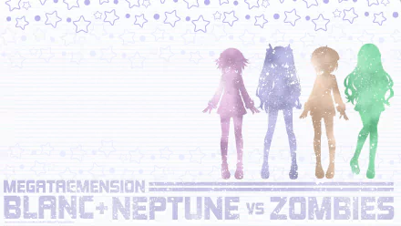 HD PC desktop wallpaper and background for the video game Hyperdimension Neptunia: four pastel character silhouettes against a starry white backdrop with the game's title at the bottom.