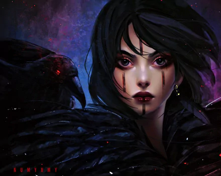 HD desktop wallpaper featuring a dark angel with black hair, striking lipstick, and raven wings against a moody, shadowy background.