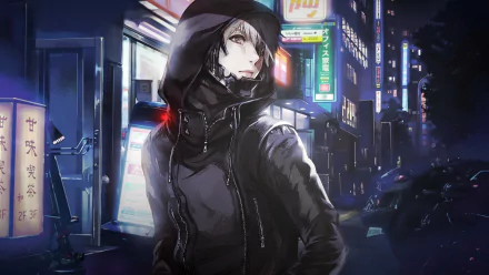 A striking HD wallpaper featuring Ken Kaneki from Tokyo Ghoul, showcasing his white hair, eye patch, and hooded jacket against a vibrant urban backdrop.