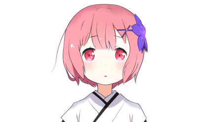 HD wallpaper featuring Ram from Re:ZERO - Starting Life in Another World, showcasing her signature pink hair and a purple accessory, set against a clean, white background.