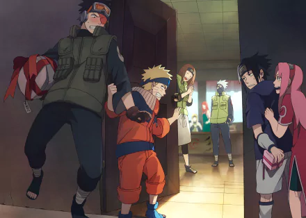 HD desktop wallpaper featuring Naruto characters Minato Namikaze, Kushina Uzumaki, Kakashi Hatake, Rin Nohara, Obito Uchiha, Sakura Haruno, Sasuke Uchiha, and Naruto Uzumaki in a lighthearted scene.