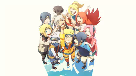 HD desktop wallpaper featuring Minato Namikaze, Itachi Uchiha, Jiraiya, Kakashi Hatake, Sakura Haruno, Sasuke Uchiha, Naruto Uzumaki, and other anime characters from Naruto, all smiling and happy.