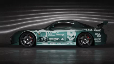 HD PC desktop wallpaper/background showing a teal, decal-covered race car from Need for Speed: ProStreet, side profile set against a stylized neon-lined garage backdrop.