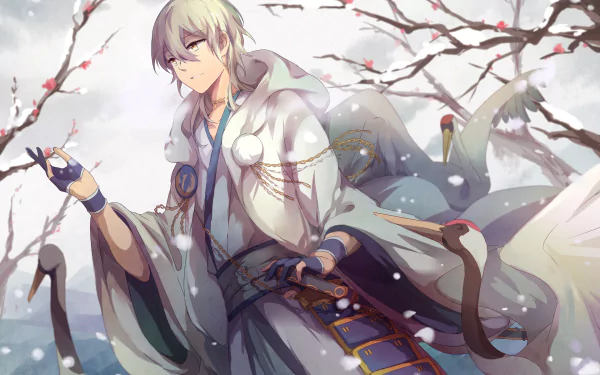 A serene anime scene from Touken Ranbu features a character draped in flowing attire, surrounded by delicate blossoms and cranes, set against a tranquil snowy backdrop.