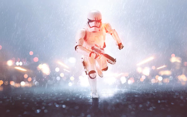 HD PC wallpaper featuring Finn as a stormtrooper from Star Wars, set in a Battlefield video game scene with dynamic lighting and action effects.