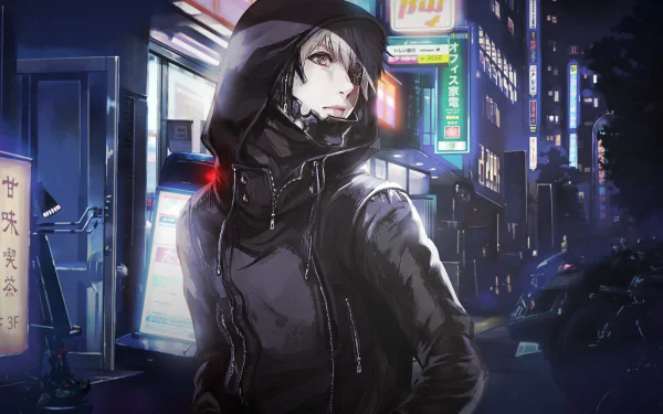 A striking HD wallpaper featuring Ken Kaneki from Tokyo Ghoul, showcasing his white hair, eye patch, and hooded jacket against a vibrant urban backdrop.