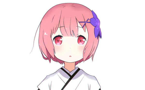 HD wallpaper featuring Ram from Re:ZERO - Starting Life in Another World, showcasing her signature pink hair and a purple accessory, set against a clean, white background.