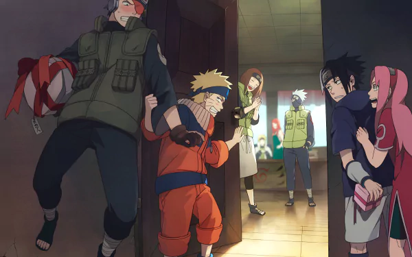 HD desktop wallpaper featuring Naruto characters Minato Namikaze, Kushina Uzumaki, Kakashi Hatake, Rin Nohara, Obito Uchiha, Sakura Haruno, Sasuke Uchiha, and Naruto Uzumaki in a lighthearted scene.