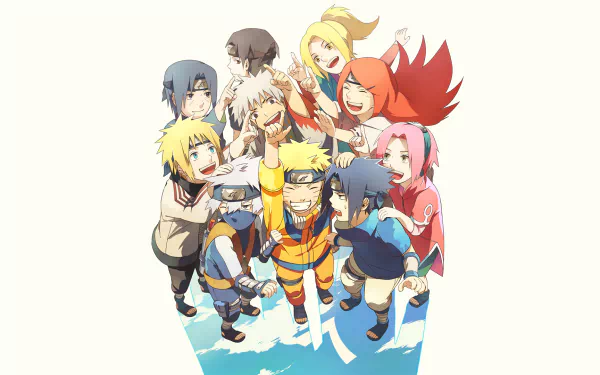 HD desktop wallpaper featuring Minato Namikaze, Itachi Uchiha, Jiraiya, Kakashi Hatake, Sakura Haruno, Sasuke Uchiha, Naruto Uzumaki, and other anime characters from Naruto, all smiling and happy.