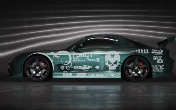 HD PC desktop wallpaper/background showing a teal, decal-covered race car from Need for Speed: ProStreet, side profile set against a stylized neon-lined garage backdrop.