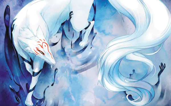 A stunning HD wallpaper featuring a majestic white fox with intricate markings, inspired by Natsume Yuujinchou, set against a dreamy blue background.