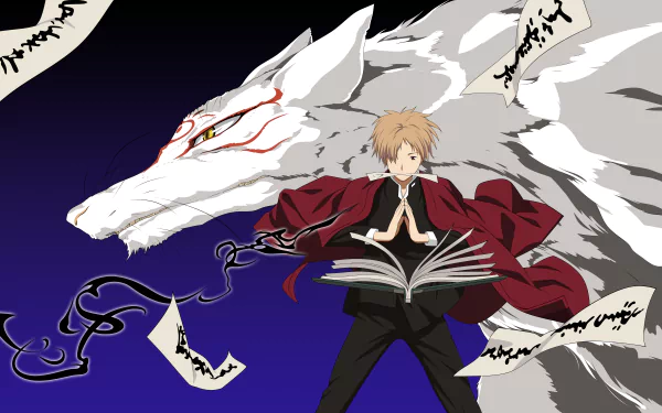 Natsume Yuujinchou wallpaper featuring Natsume standing with a mystical wolf, surrounded by flying papers, set against a striking blue and black background.