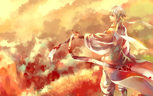 A vibrant HD wallpaper from the anime Gintama, featuring a character in traditional attire with flowing ribbons, set against a colorful, dramatic sunset backdrop.