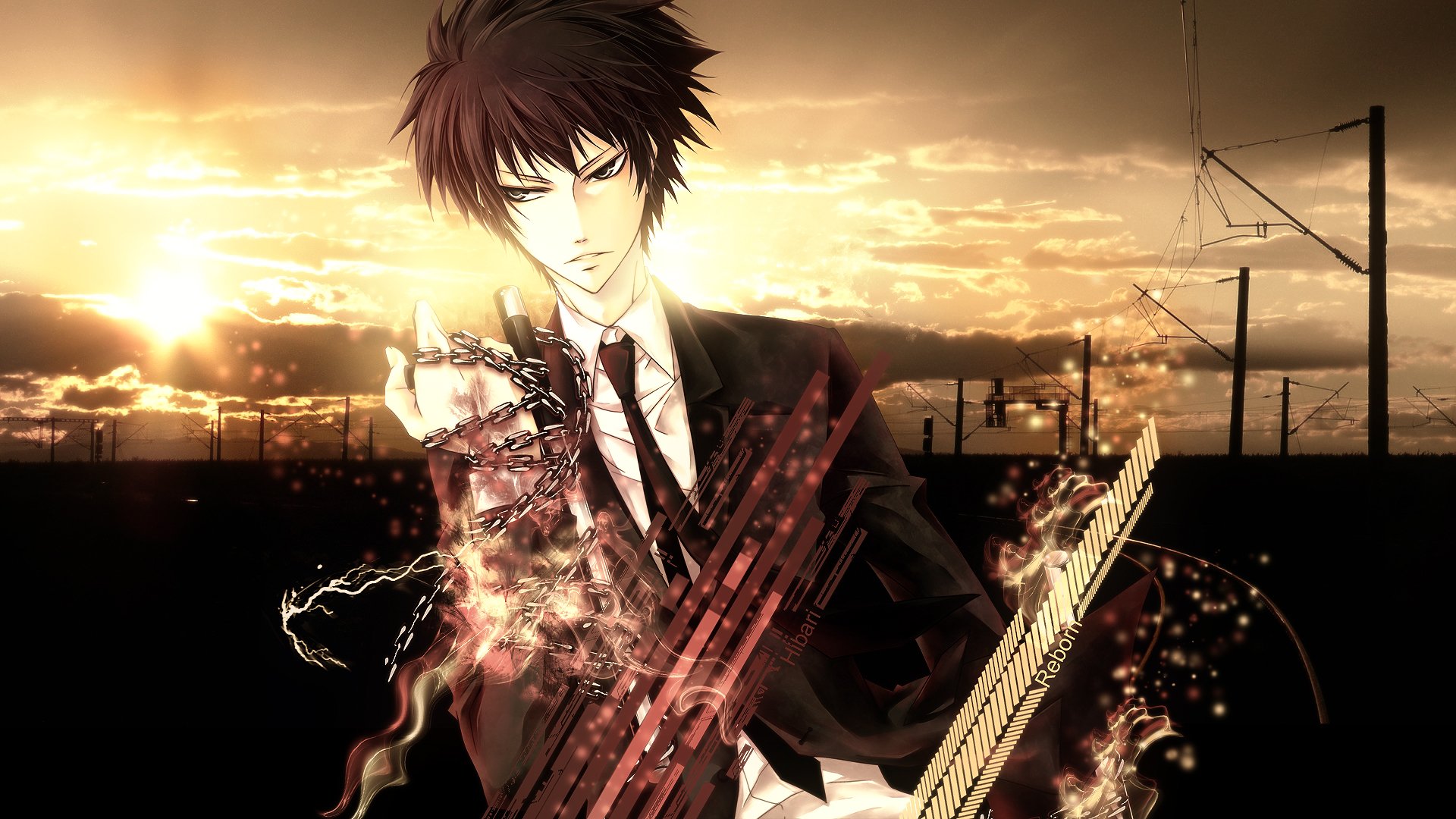 HD PC desktop wallpaper featuring an intense anime character from Katekyō Hitman Reborn! set against a dramatic sunset sky with glowing, fiery effects.