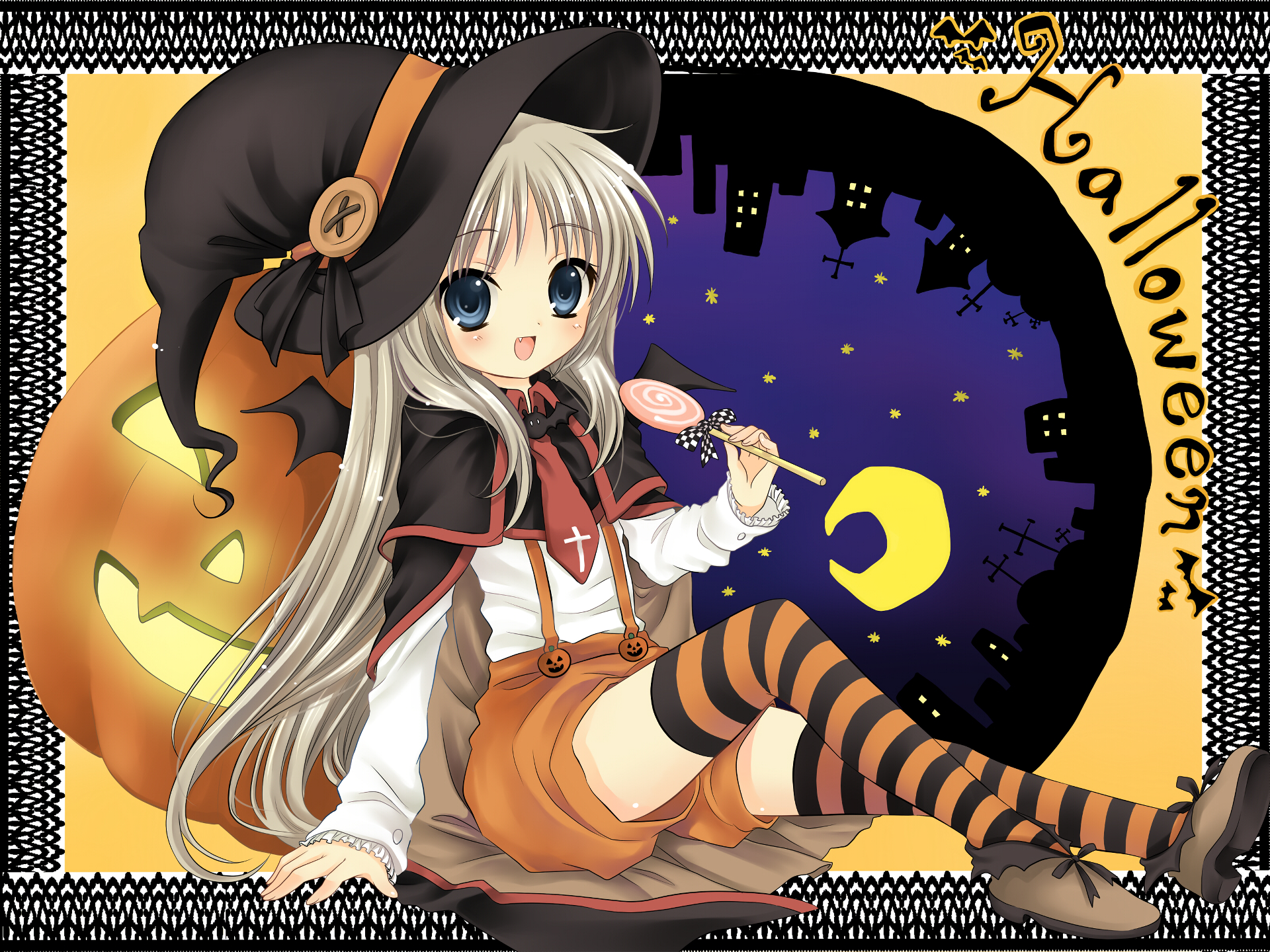 Anime-style witch with white hair and blue eyes dressed in Halloween attire sits by a glowing pumpkin under a starry night sky, featuring a spooky silhouette backdrop.