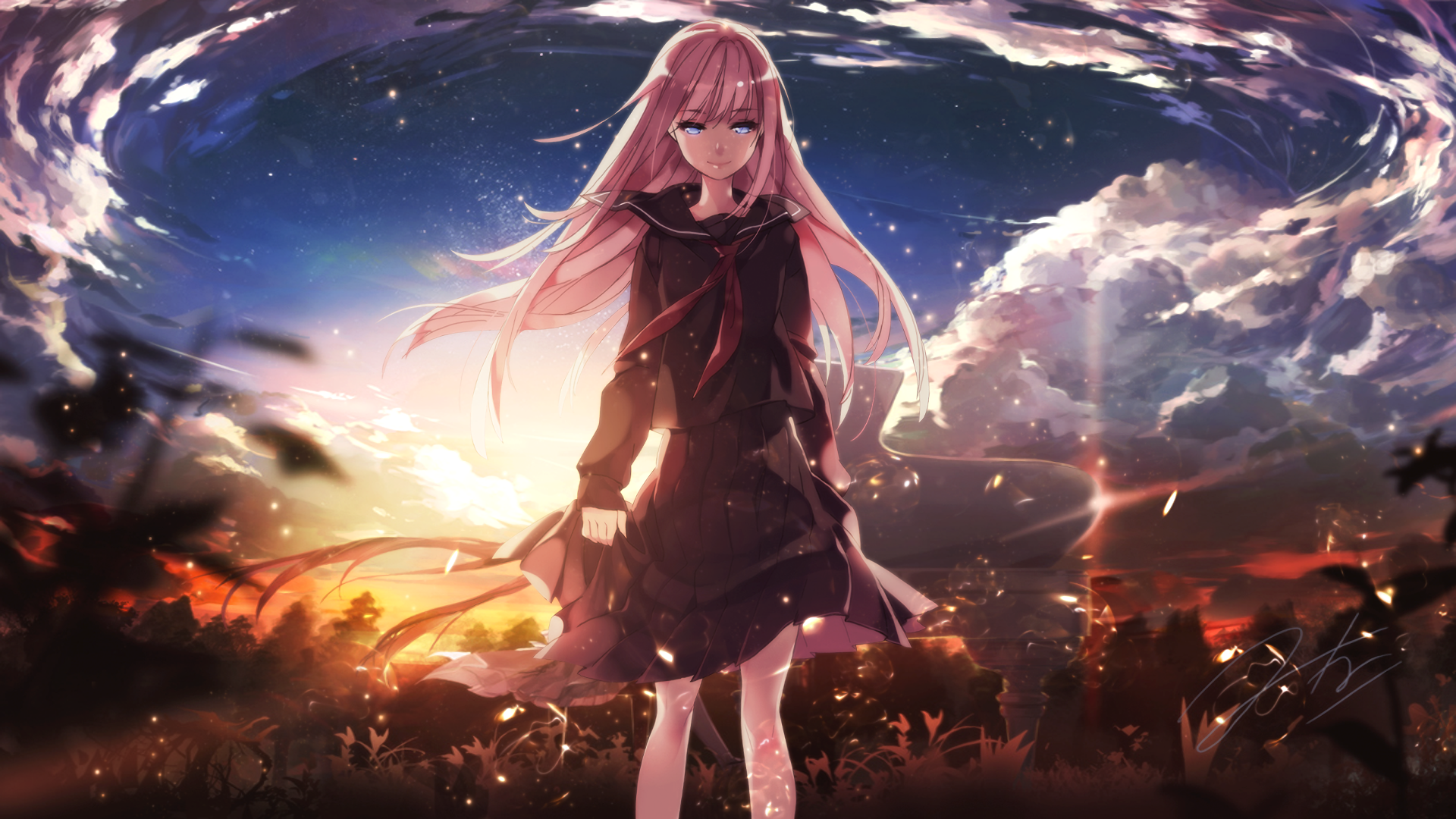 Anime-inspired HD desktop wallpaper featuring a girl with long pink hair standing against a dramatic sunset sky, surrounded by swirling clouds and vibrant colors.