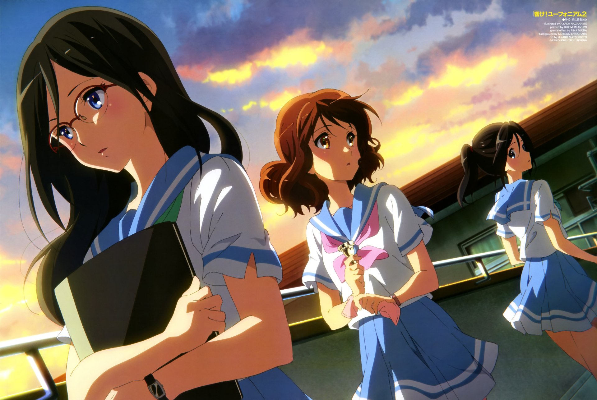 Anime-style 4K wallpaper depicting three girls with black, brown, and short brown hair wearing school uniforms from Sound! Euphonium, set against a vibrant sunset backdrop.