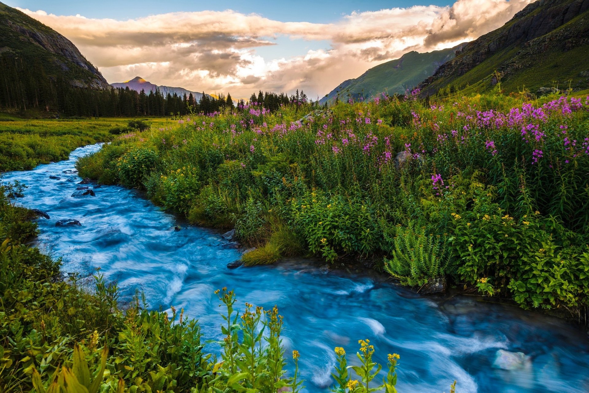 Blue River Serenity HD Mountain Forest Landscape Wallpaper 2048x1367 