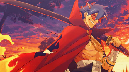 HD PC desktop wallpaper featuring an intense anime character from Tengen Toppa Gurren Lagann, set against a dramatic sunset sky with vibrant colors.