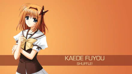 Kaede Fuyou from Shuffle! anime 4K Ultra HD PC desktop wallpaper: orange-haired schoolgirl in a sailor uniform with ribbon, standing against a warm orange gradient background.