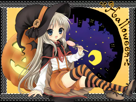 Anime-style witch with white hair and blue eyes dressed in Halloween attire sits by a glowing pumpkin under a starry night sky, featuring a spooky silhouette backdrop.