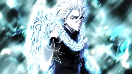 HD wallpaper featuring Tōshirō Hitsugaya from the anime Bleach, showcasing his striking appearance and dynamic icy aura against a vibrant background.
