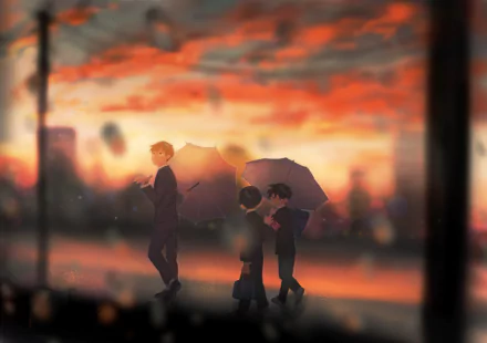 HD wallpaper featuring Ritsu Kageyama, Shigeo Kageyama, and Arataka Reigen from the anime Mob Psycho 100 under a vibrant sunset, reflecting a moment of camaraderie.
