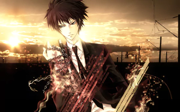 HD PC desktop wallpaper featuring an intense anime character from Katekyō Hitman Reborn! set against a dramatic sunset sky with glowing, fiery effects.