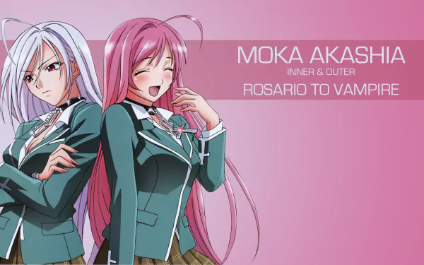 4K Ultra HD anime wallpaper featuring Moka Akashiya from Rosario + Vampire, showcasing her dual personalities against a pink gradient background.