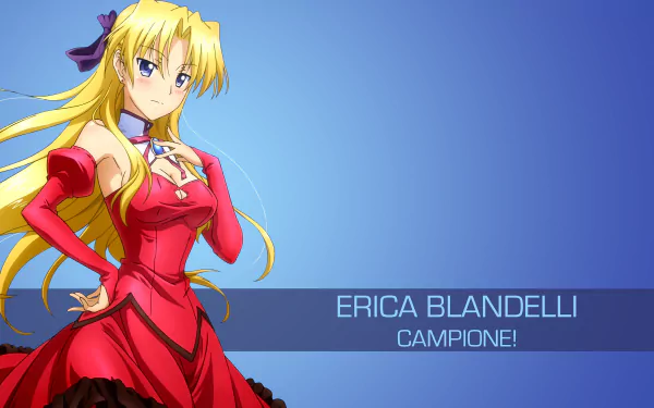 Erica Blandelli from Campione! in a vibrant red dress, set against a blue background, featured in a 4K Ultra HD anime desktop wallpaper.