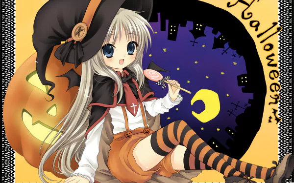 Anime-style witch with white hair and blue eyes dressed in Halloween attire sits by a glowing pumpkin under a starry night sky, featuring a spooky silhouette backdrop.