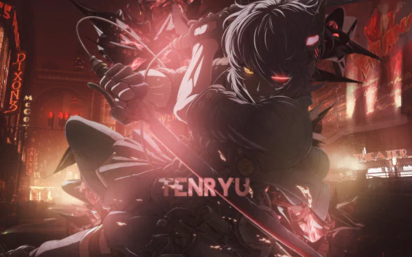 HD PC desktop wallpaper featuring Tenryuu from Kantai Collection, showcasing dark anime art with glowing red and black tones in an urban night setting.