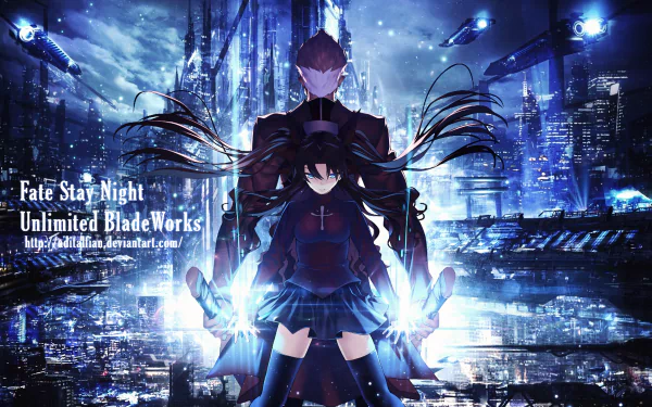 A dynamic HD wallpaper featuring Rin Tohsaka from Fate/Stay Night: Unlimited Blade Works, standing in front of Archer against a futuristic cityscape backdrop.