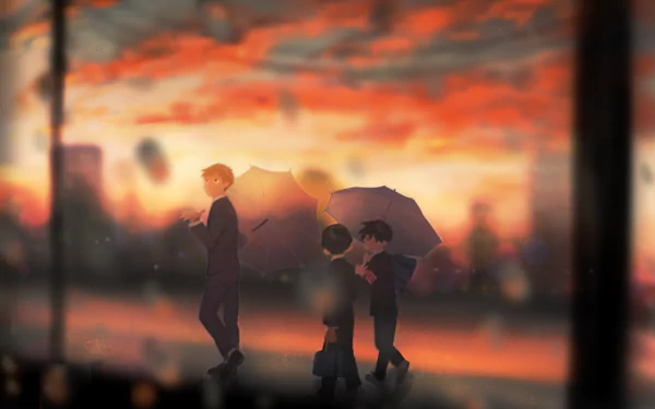 HD wallpaper featuring Ritsu Kageyama, Shigeo Kageyama, and Arataka Reigen from the anime Mob Psycho 100 under a vibrant sunset, reflecting a moment of camaraderie.