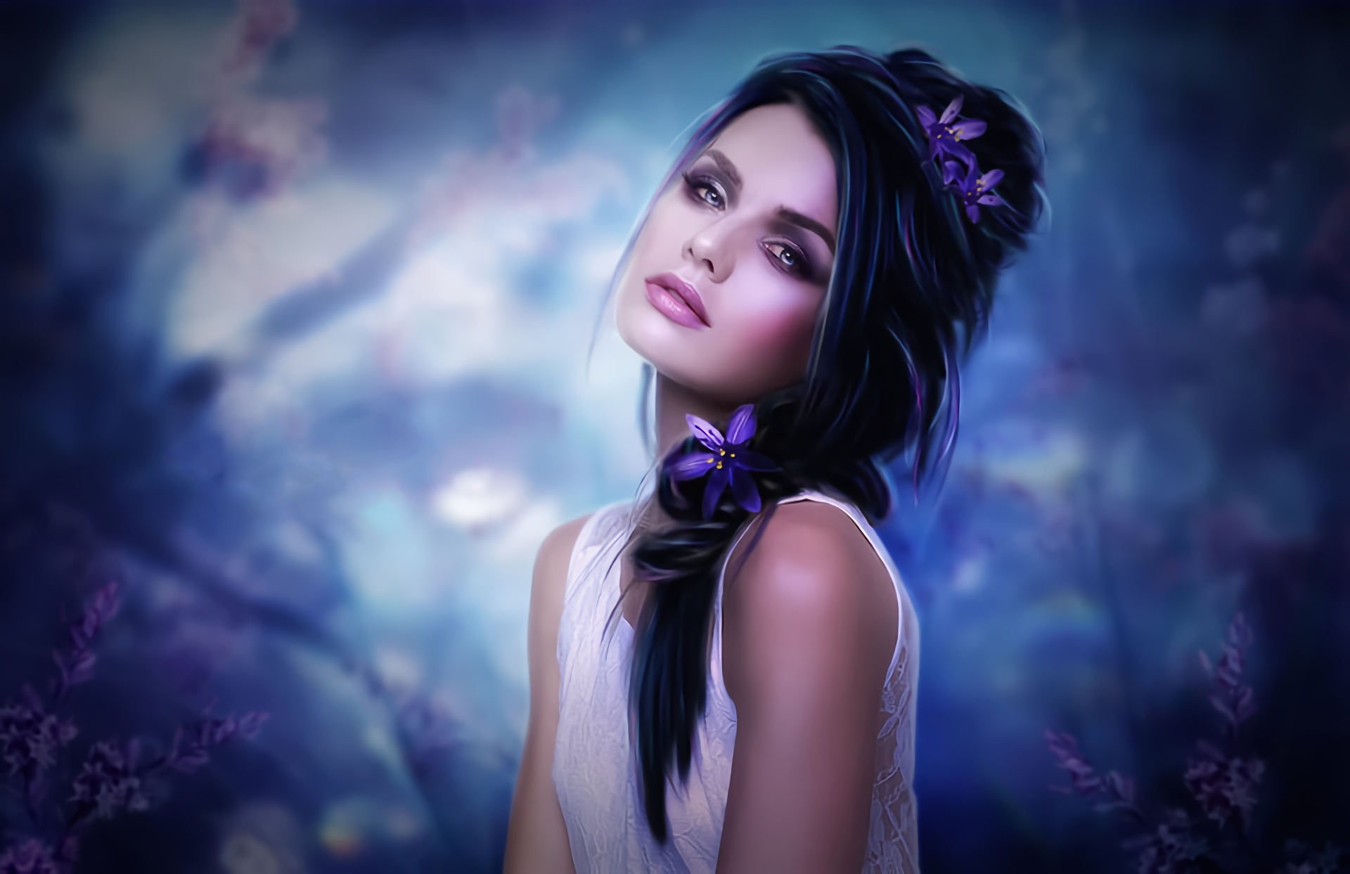 Download Flower Brunette Fantasy Woman Hd Wallpaper 8904