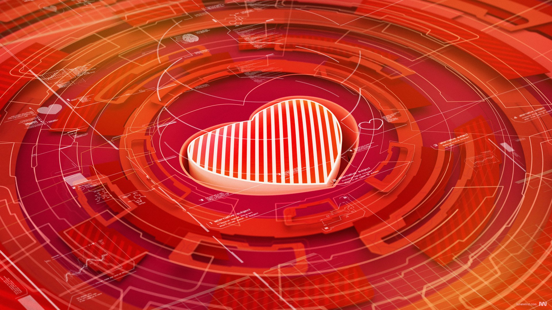 A vibrant, artistic HD wallpaper featuring a heart at its center, surrounded by a swirling circle of abstract patterns in shades of red, symbolizing love and affection.