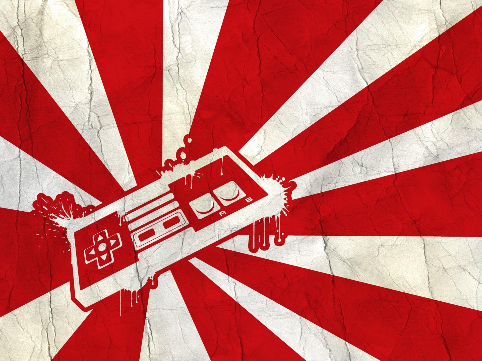 HD PC desktop wallpaper featuring a stylized red and white design with a grunge Nintendo Entertainment System controller, referencing classic video gaming.