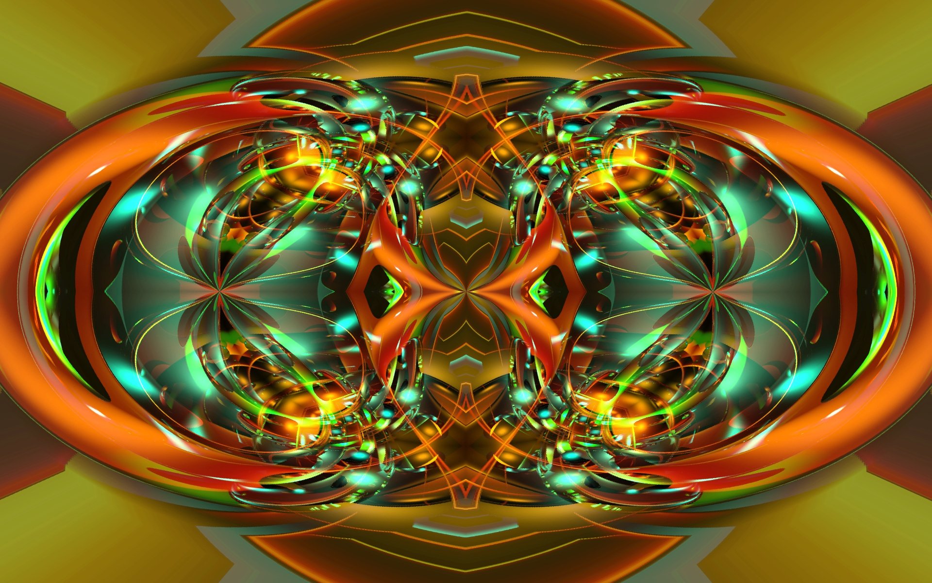HD desktop wallpaper featuring an abstract CGI design with a complex pattern of intertwined shapes and vibrant colors, predominantly orange.