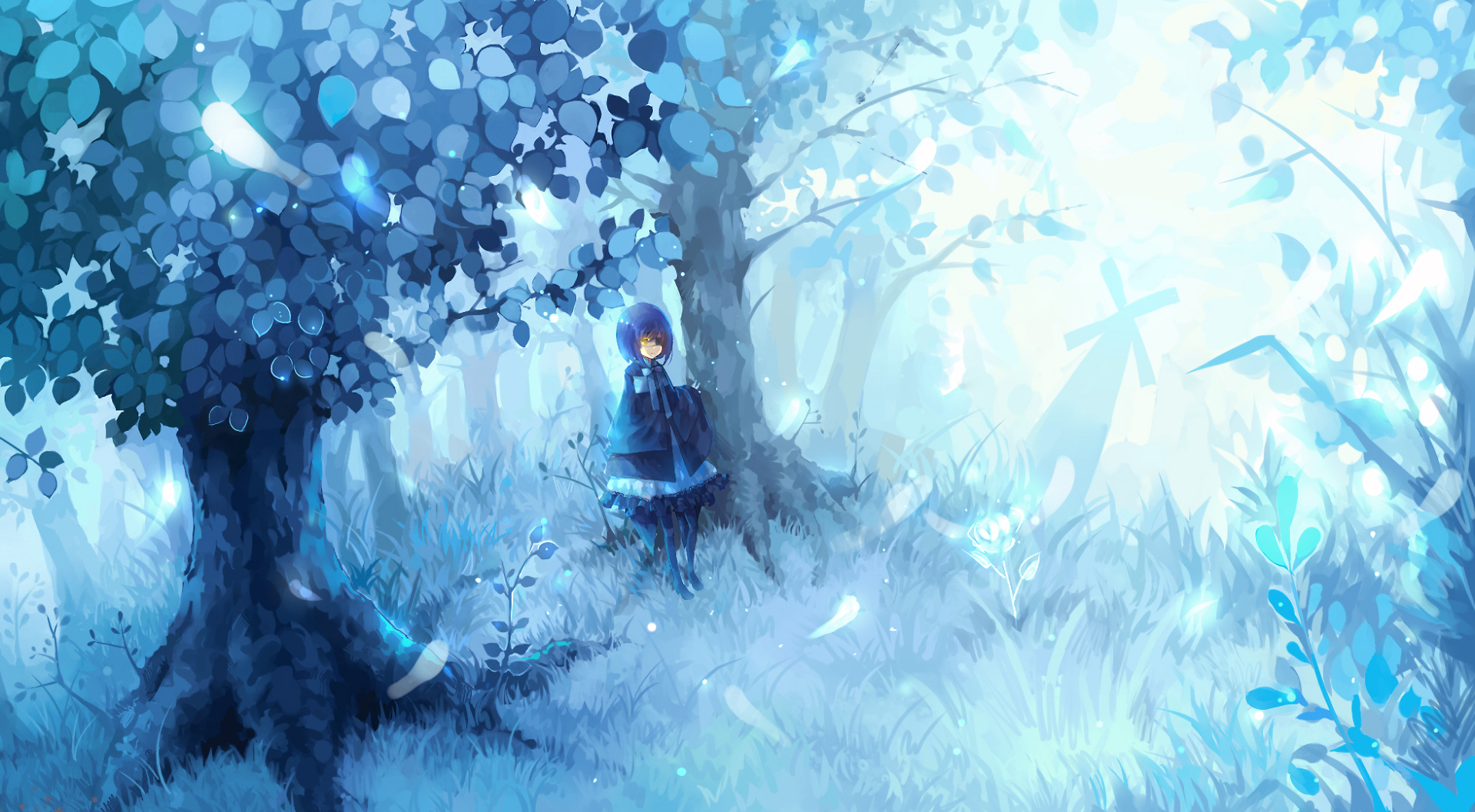 HD anime desktop wallpaper featuring a serene, blue-toned forest scene with a solitary character standing quietly among glowing trees and soft light.
