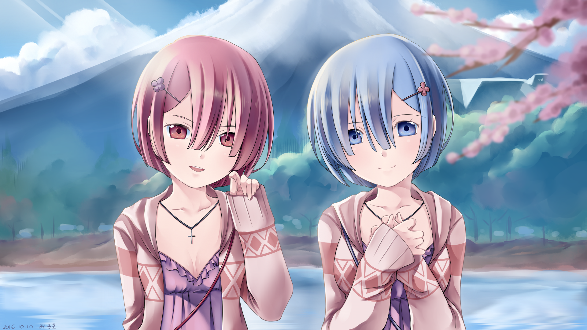 HD wallpaper featuring Ram and Rem from *Re:ZERO - Starting Life in Another World*, set against a scenic landscape with mountains and cherry blossoms.