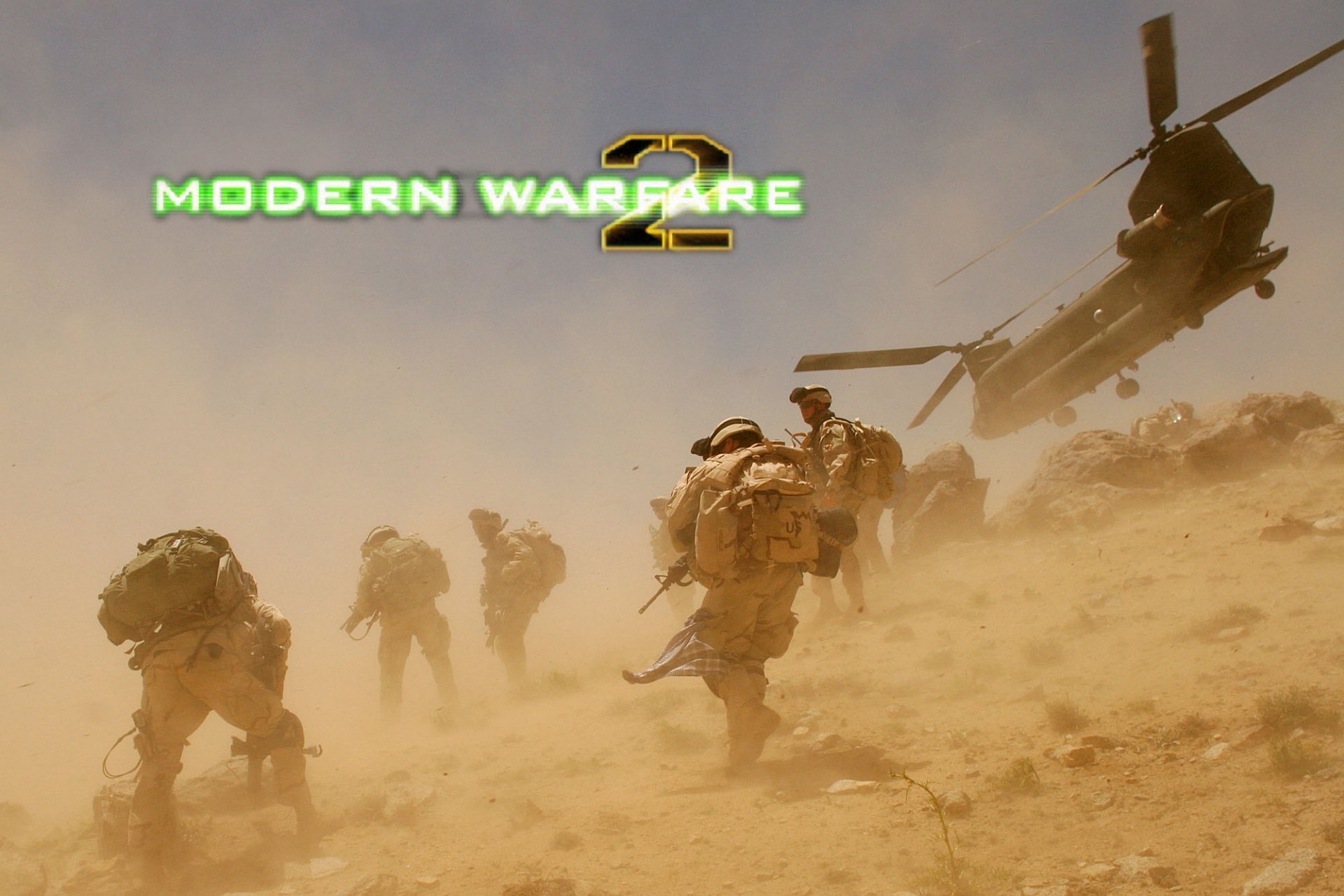 A dynamic HD wallpaper featuring scenes from Call of Duty: Modern Warfare 2, showcasing soldiers in a dusty environment with a helicopter in the background.