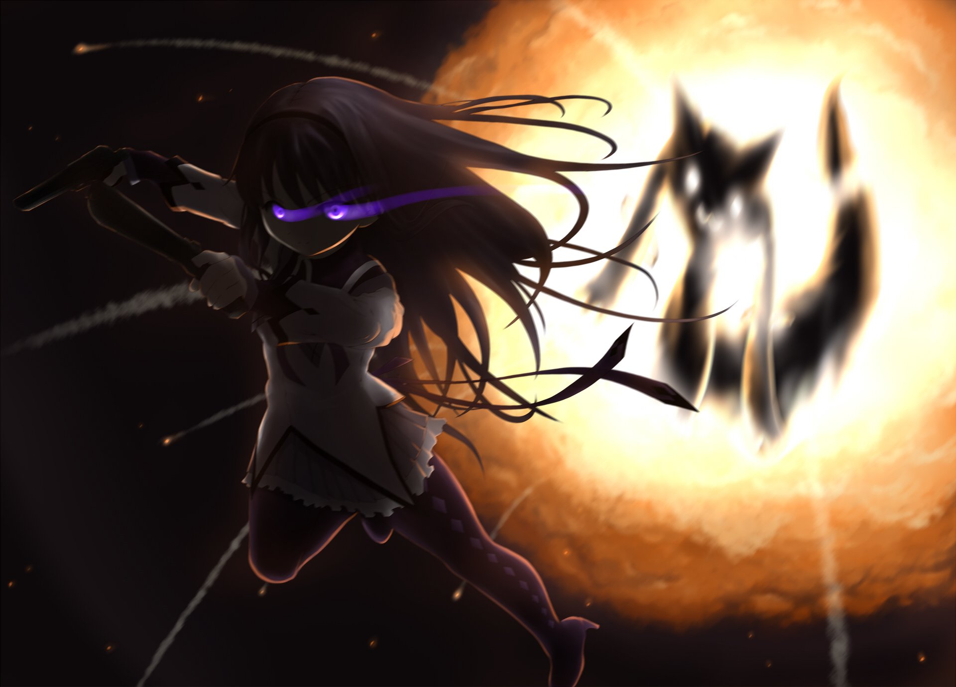 HD PC desktop wallpaper featuring Homura Akemi and Kyuubey from the anime Puella Magi Madoka Magica, set against a glowing, dramatic background.