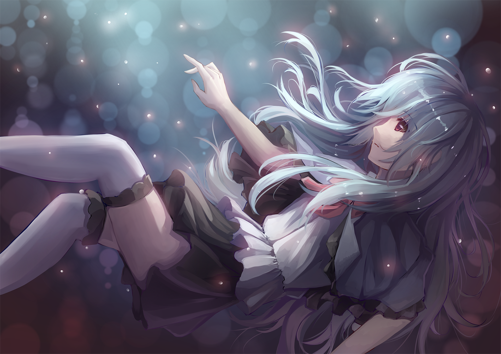 A serene anime girl with long, flowing hair and a gentle expression floats amidst a shimmering backdrop, making for an enchanting HD desktop wallpaper and background.