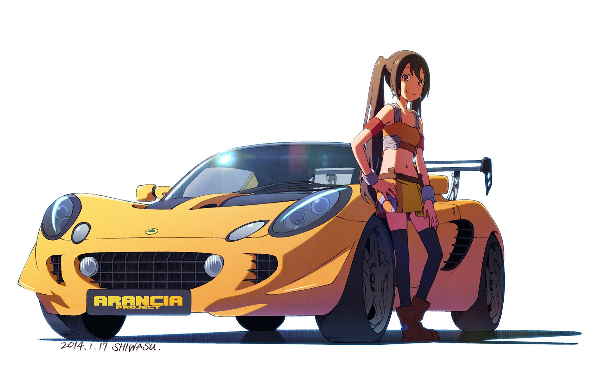 HD anime-style original desktop wallpaper featuring a confident female character leaning against a sleek yellow sports car with the license plate ARANCIA.