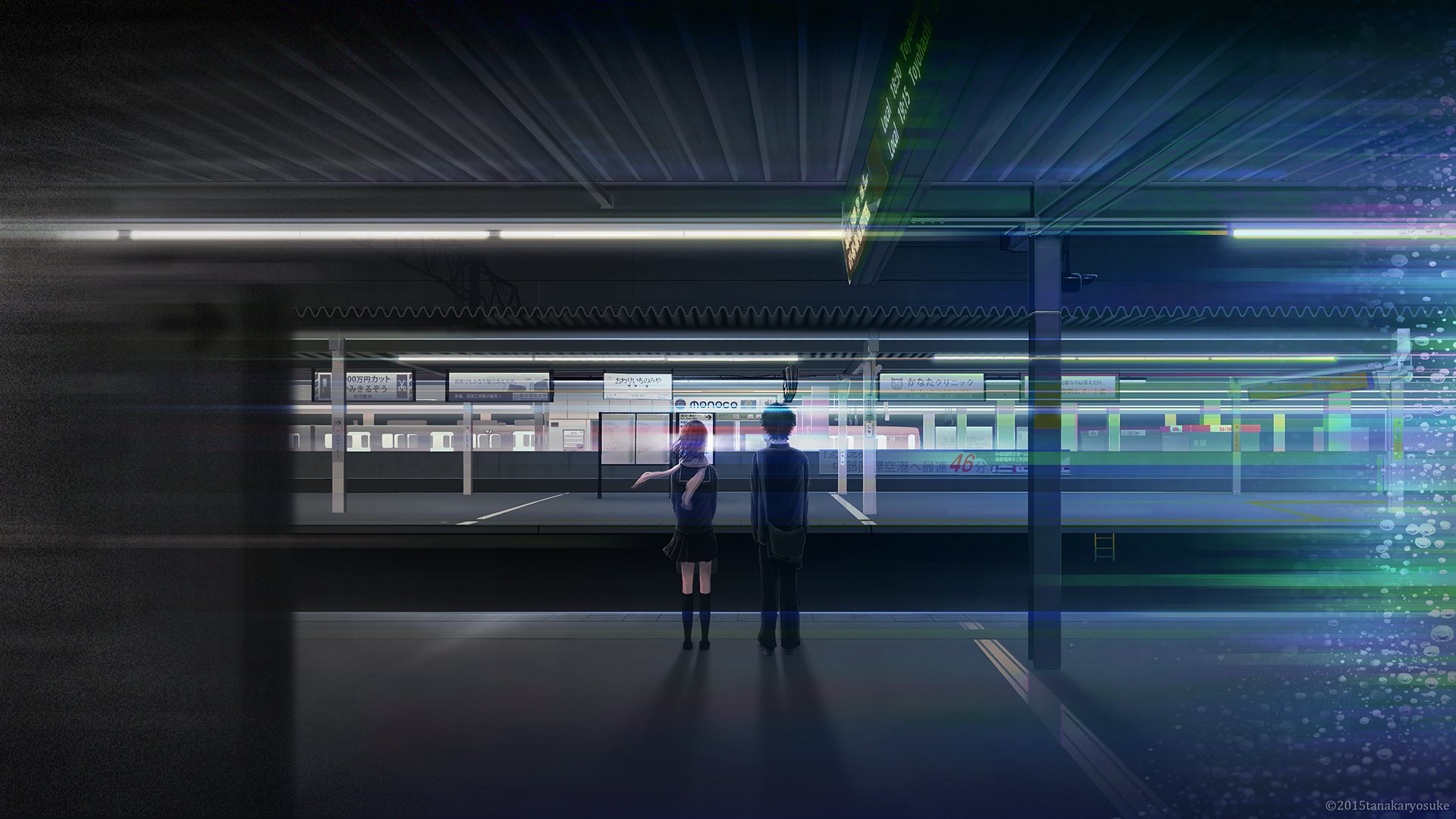 A visually striking anime scene set in a dimly lit train station, featuring two characters standing together, surrounded by an atmospheric blend of light and shadows. HD wallpaper quality.