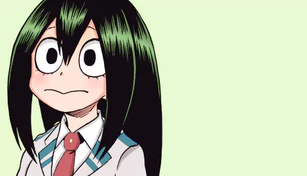 A vibrant HD desktop wallpaper featuring Tsuyu Asui from My Hero Academia, showcasing her expressive face and iconic green hair against a soft pastel background.