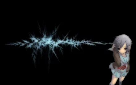 HD wallpaper featuring Yuki Nagato from the anime The Melancholy of Haruhi Suzumiya, set against a dark background with striking blue abstract designs.