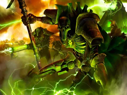 A dynamic HD PC desktop wallpaper featuring Warhammer's skeletal warriors amidst a dramatic green and orange backdrop, evoking the intensity of a fierce battle.