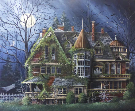 A spooky haunted house enveloped in vines, illuminated by a full moon, sets a haunting atmosphere, perfect for Halloween festivities. Ghostly figures peek from windows amidst dark trees.